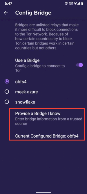 Предоставяне на мост в Tor Browser за Android