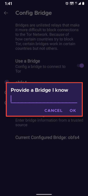 Magbigay ng mga address ng bridge sa Tor Browser para sa Android
