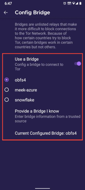 Een brug geselecteerd op Tor Browser voor Android
